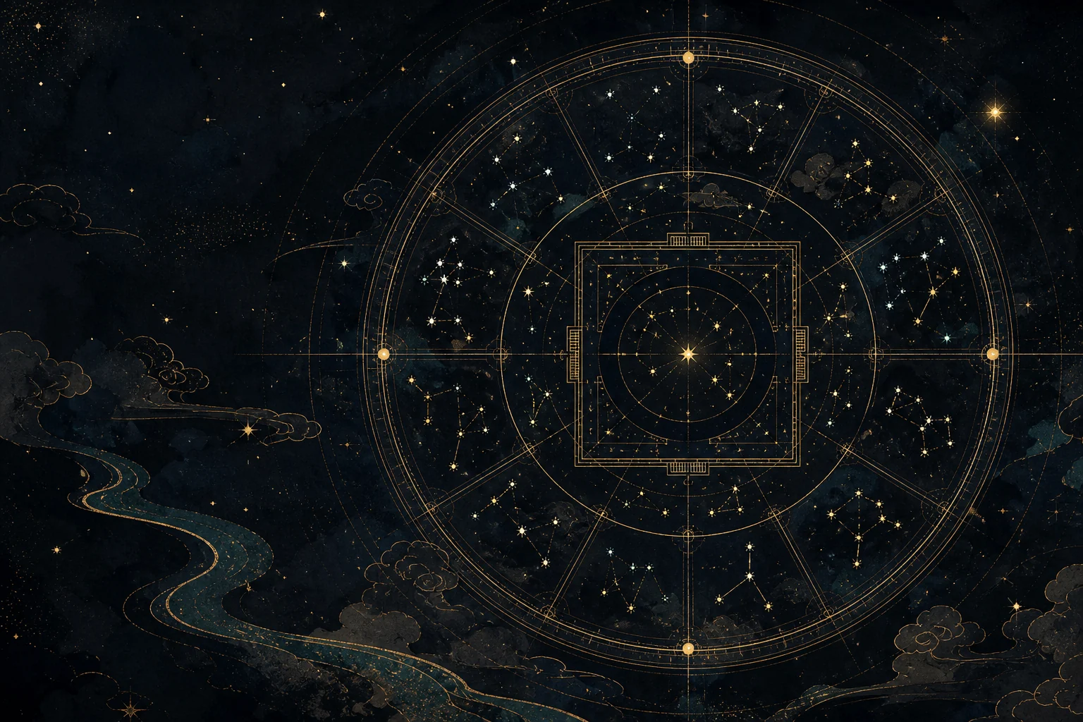紫微垣と北辰をイメージした金色の古星図